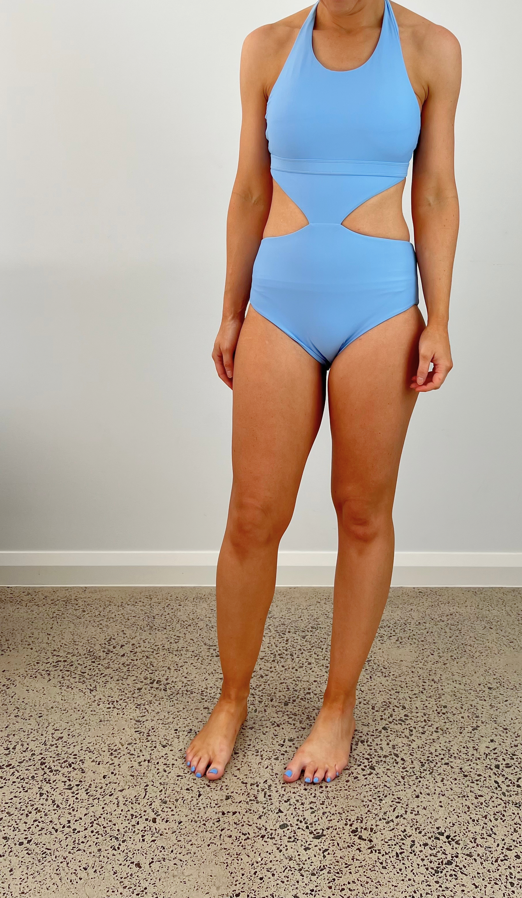 Baby Blue will always do. Gorgeous blue cut out one piece. Offers style and support for all shapes and sizes. With as adjustable halter neck tie, under bust support and a full brief for bottom coverage. This swimsuit is not only practical but bang on trend and wlill stay on trend for seasons to come.